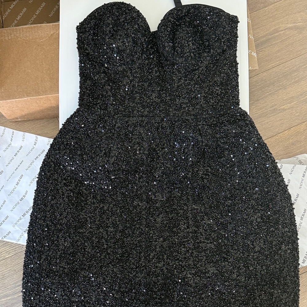 NADINE MERABI Black Strapless Sequin Sweetheart Dress